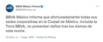 BBVA México descarta daños tras sismo en CDMX