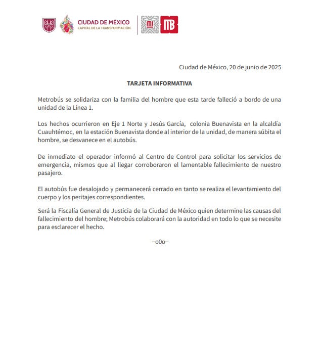 Comunicado de Metrobús CDMX