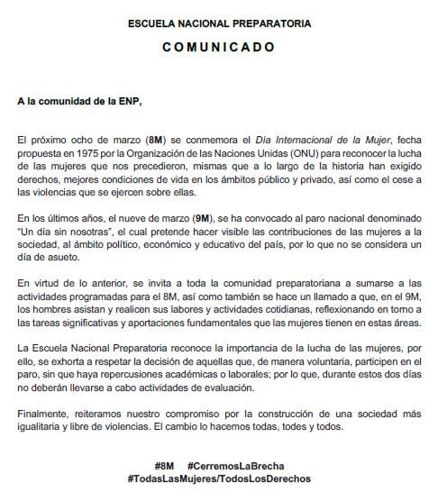 Prepa 7 se pronuncia por 8M y 9M