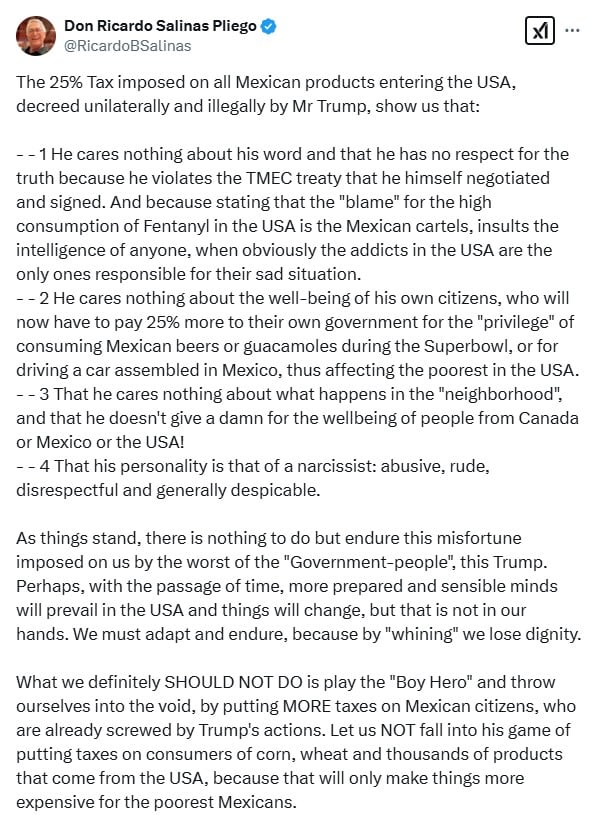 Ricardo Salinas Pliego pide al gobierno de México no hacerse los “héroes” con aranceles