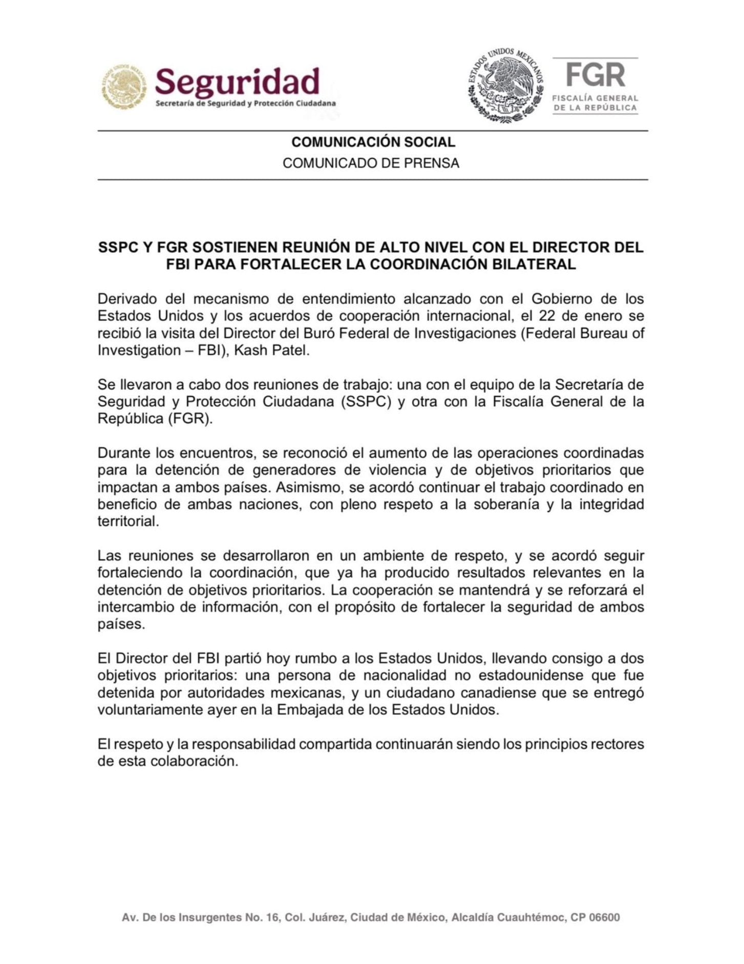 Comunicado de Ernestina Godoy sobre Ryan Wedding entregado al FBI.