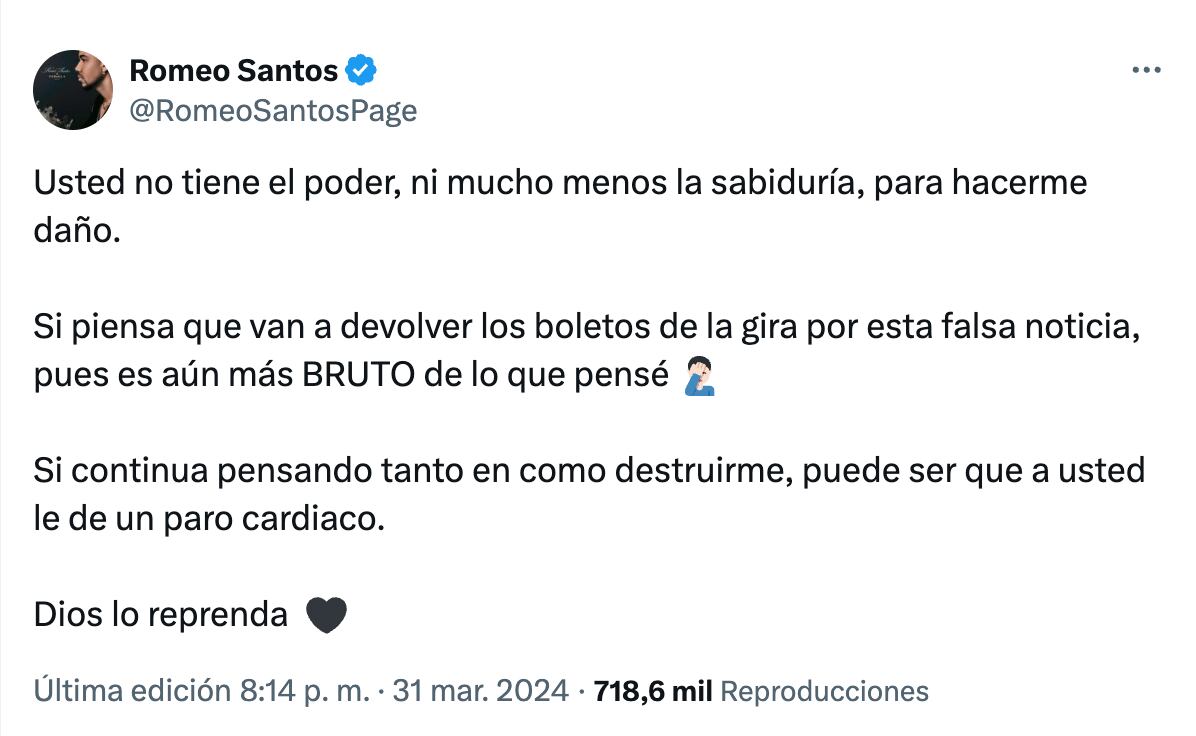 Mensaje de Romeo Santos sobre su estado de salud