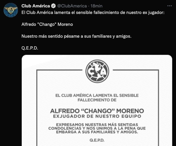 América lamentó la muerte de Alfredo Moreno