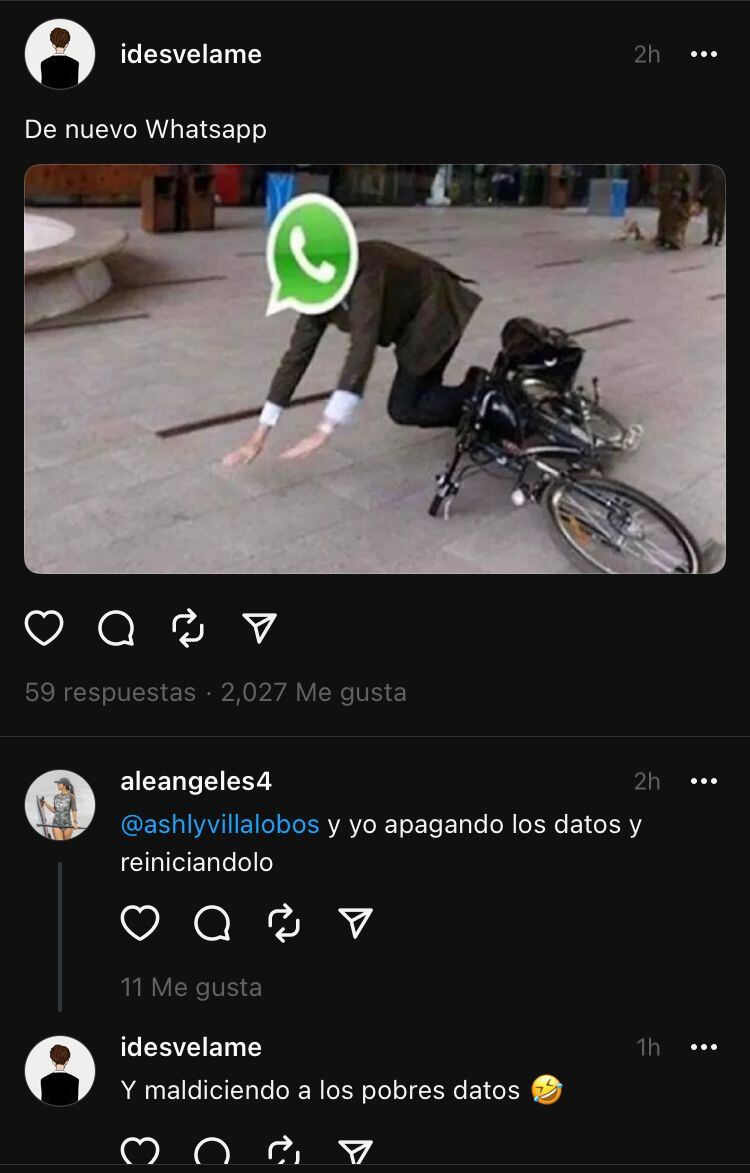 Memes en Threads por caída de WhatsApp