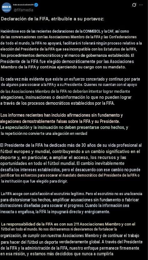 FIFA defiende a Gianni Infantino y rechaza procesos fuera de sus estatutos