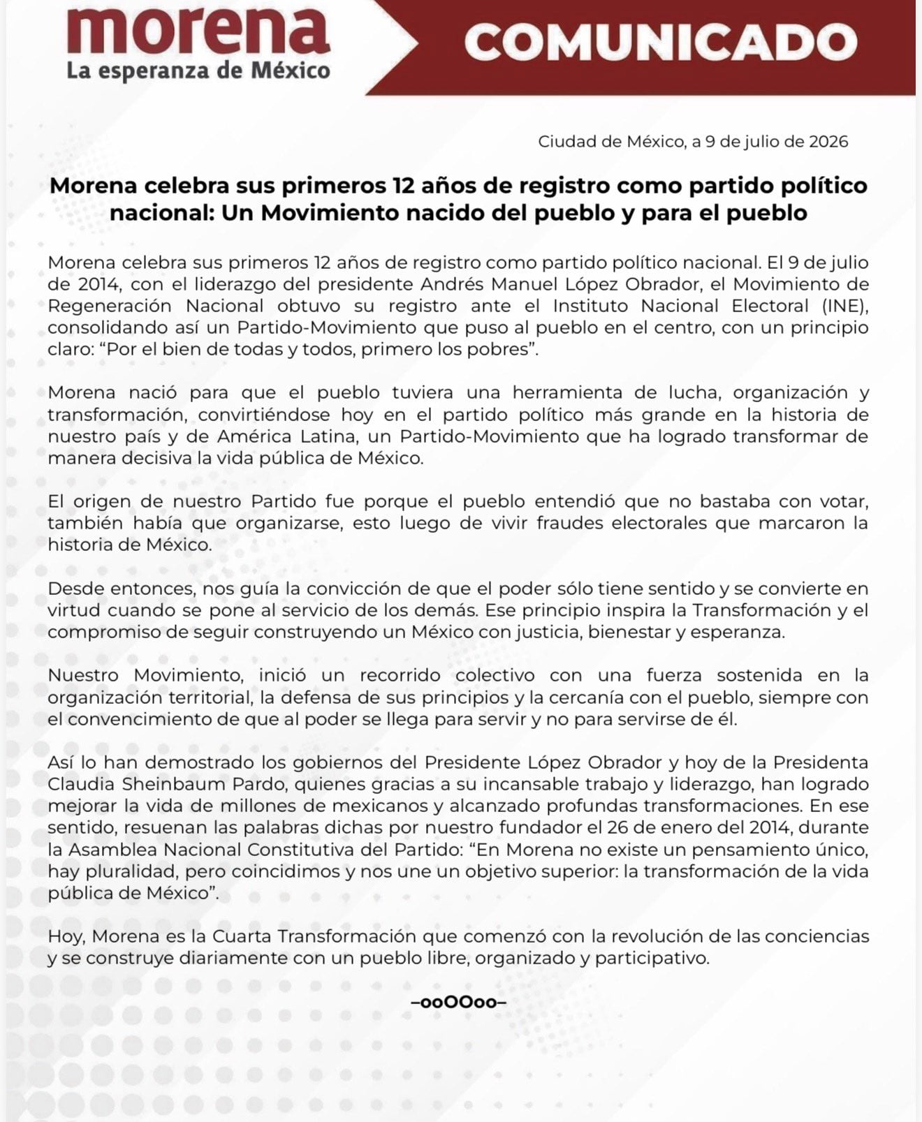 Morena celebra 12 años de su registro como partido político nacional