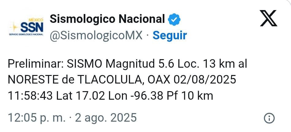 Reporte de sismo hoy en Oaxaca