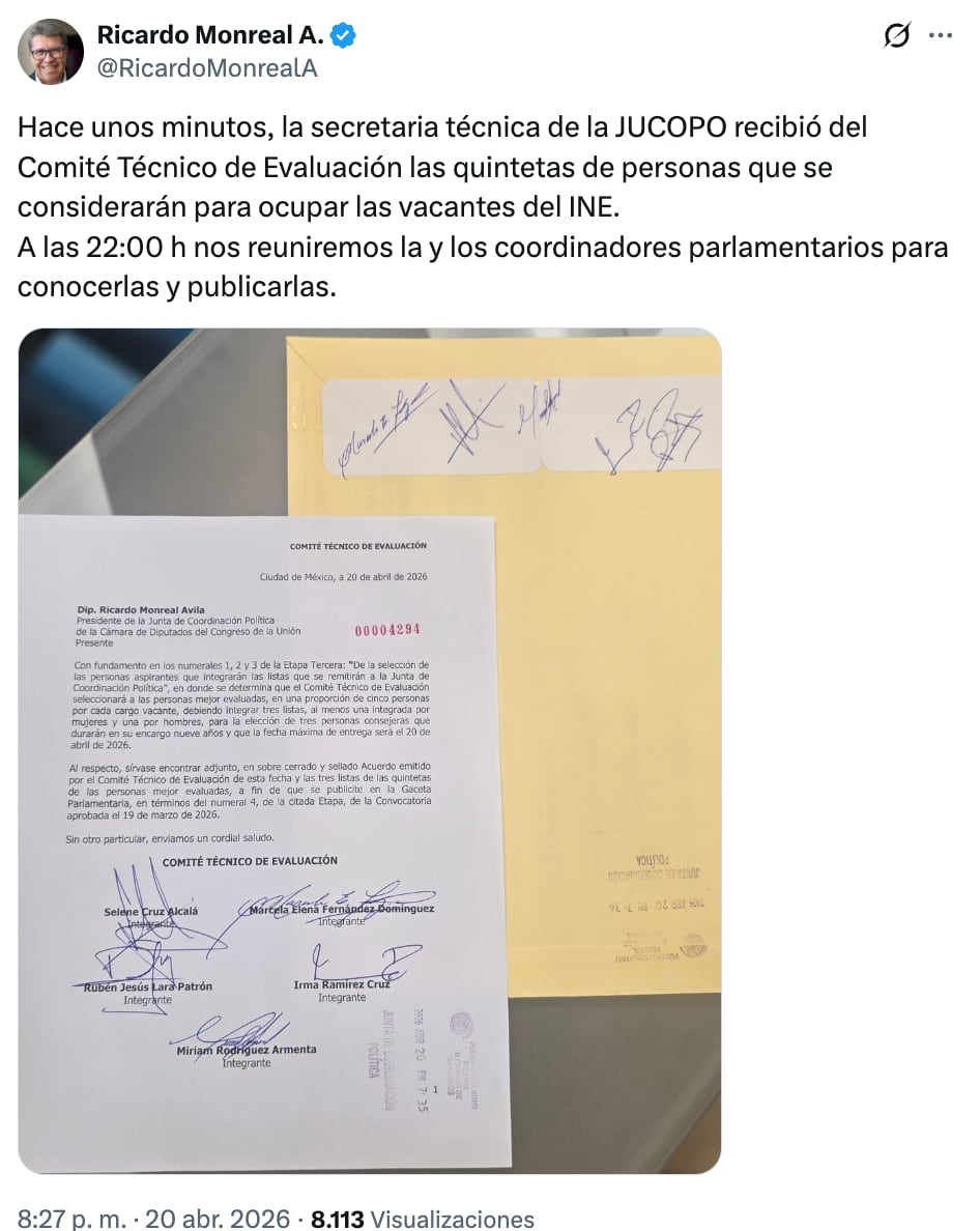 Ricardo Monreal ya recibió las listas de aspirantes al INE
