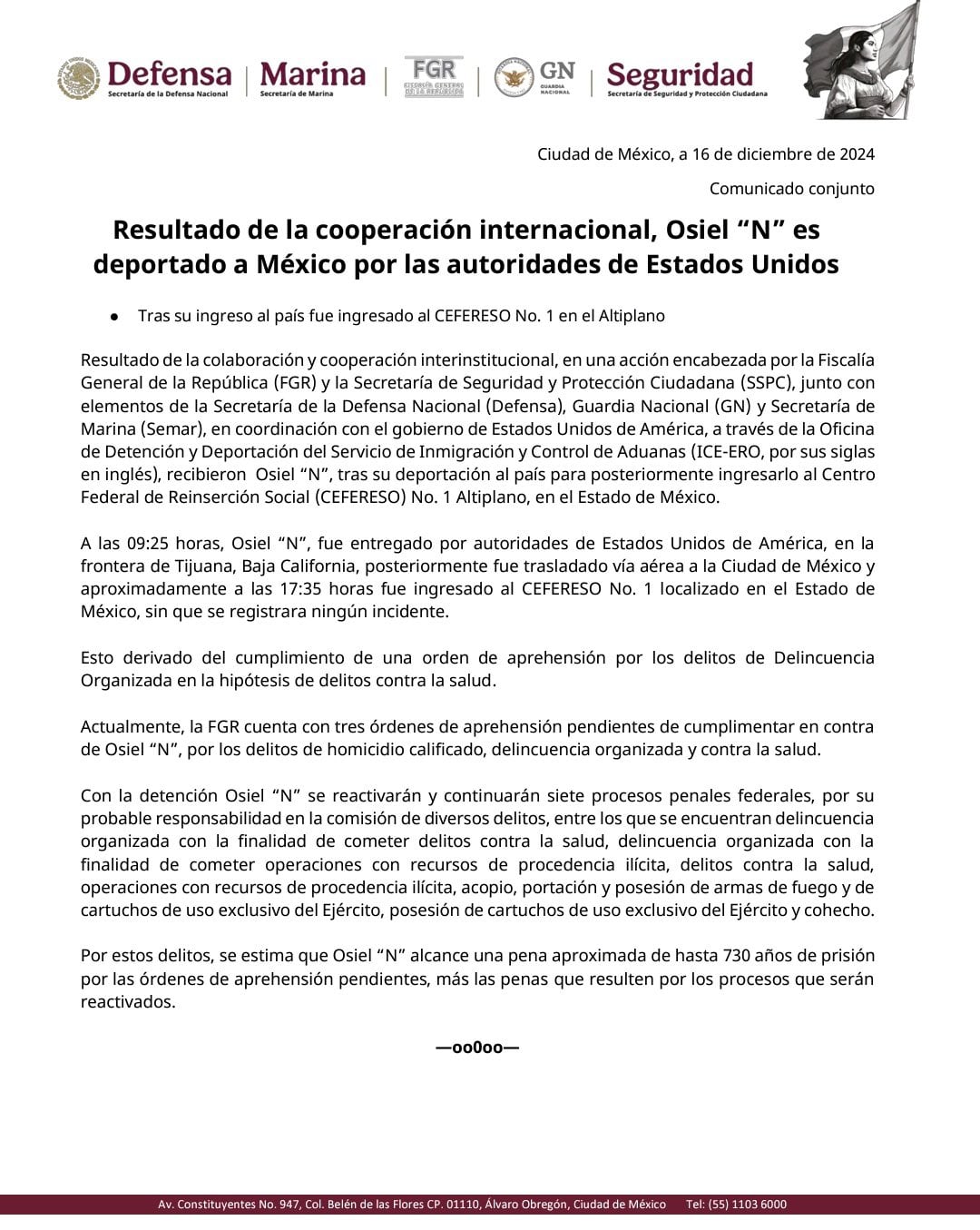 Comunicado: Osiel Cárdenas Guillén ingresa al Penal del Altiplano.
