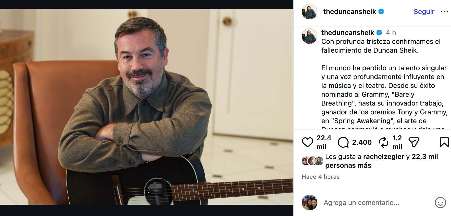 Confirman la muerte de Duncan Sheik a los 56 años a través de un comunicado