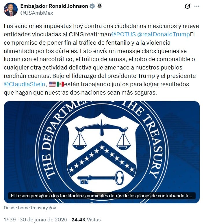 Ronald Johnson respalda sanciones contra red del CJNG vinculada al huachicol