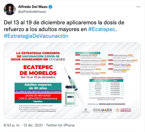 Anuncio de Alfredo del Mazo de la vacunación de refuerzo en Ecatepec para adultos mayores