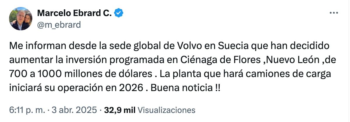 Marcelo Ebrard anuncia aumento de inversión de Volvo en México