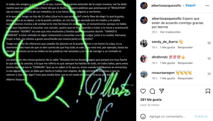 Alberto Vázquez se pronuncia en contra del reguetón
