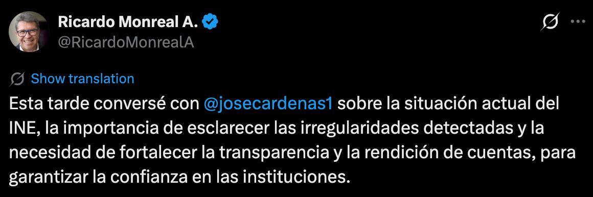 Ricardo Monreal llama a reforzar la rendición de cuentas tras irregularidades en el INE