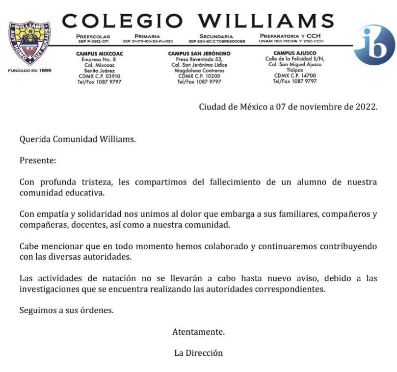 Comunicado del Colegio Williams