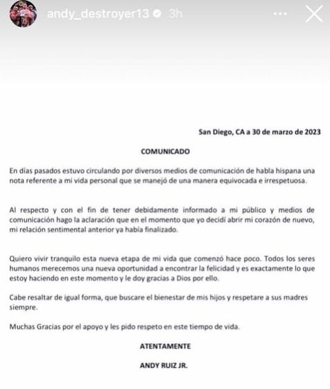 Andy Ruiz lanza comunicado para hablar de su nueva etapa de vida