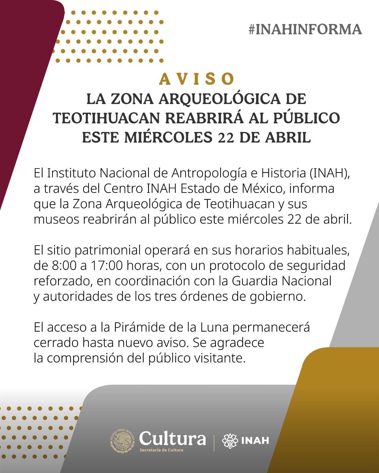 Teotihuacán reabre el 22 de abril
