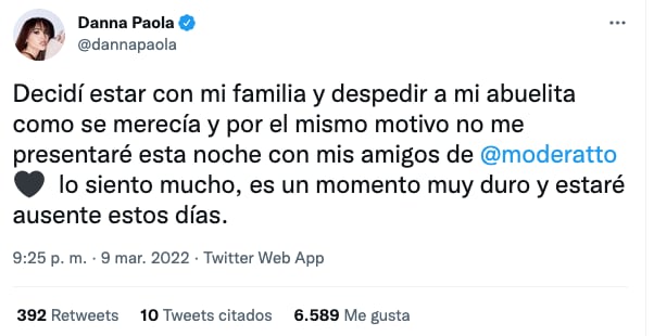 Danna Paola no asiste al concierto de Moderatto por muerte de su abuela