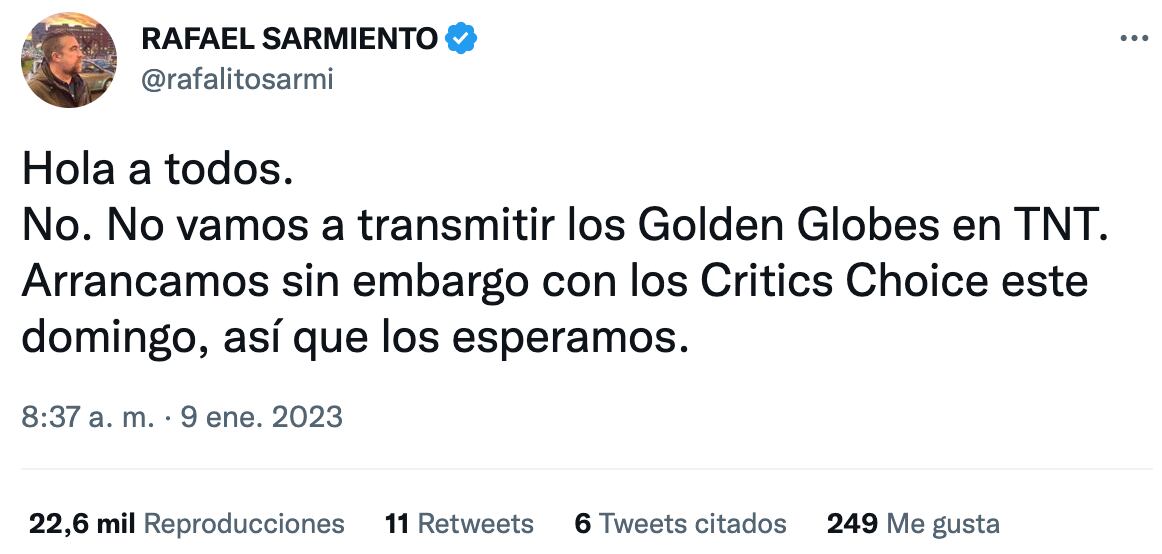 Rafa Sarmiento reveló que TNT Latinoamérica no transmitirá los Globos de Oro 2023