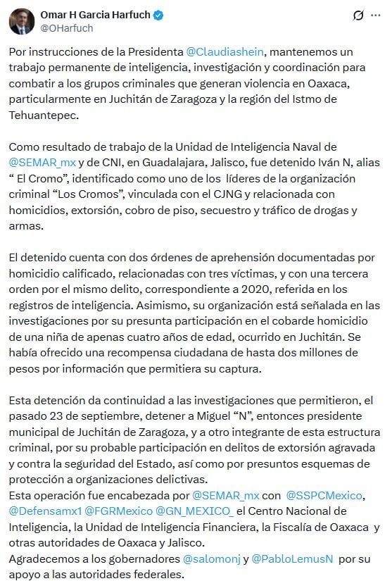 Harfuch destaca detención de “El Cromo”, presunto líder de grupo ligado al CJNG