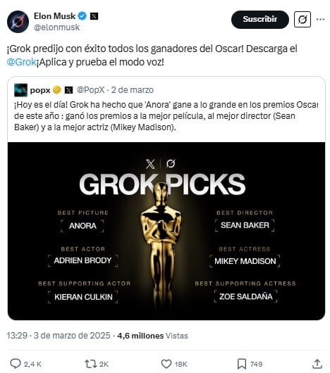 Grok, inteligencia artificial de Elon Musk, predice ganadores a los Premios Oscar 2025