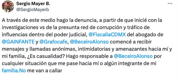 Sergio Mayer dice estar recibiendo amenazas desde que investiga el tráfico de influencer del abogado de Maryfer Centeno.