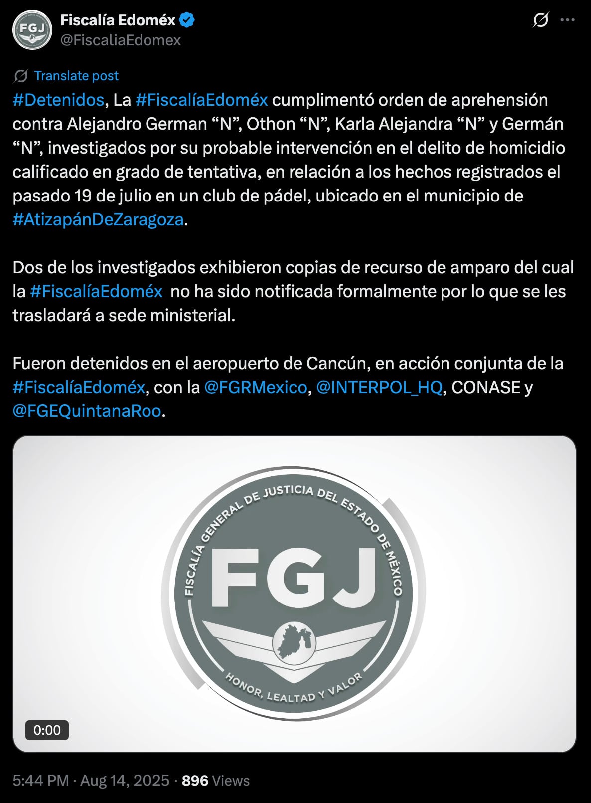 Fiscalía del Estado de México sobre detención de Germán Mondragón.