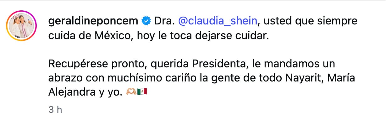 “Toca cuidarse”: el mensaje de Geraldine Ponce a Claudia Sheinbaum por su recuperación