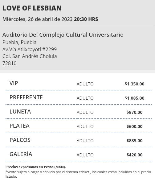 Precio de los boletos conciertos de Love of Lesbian