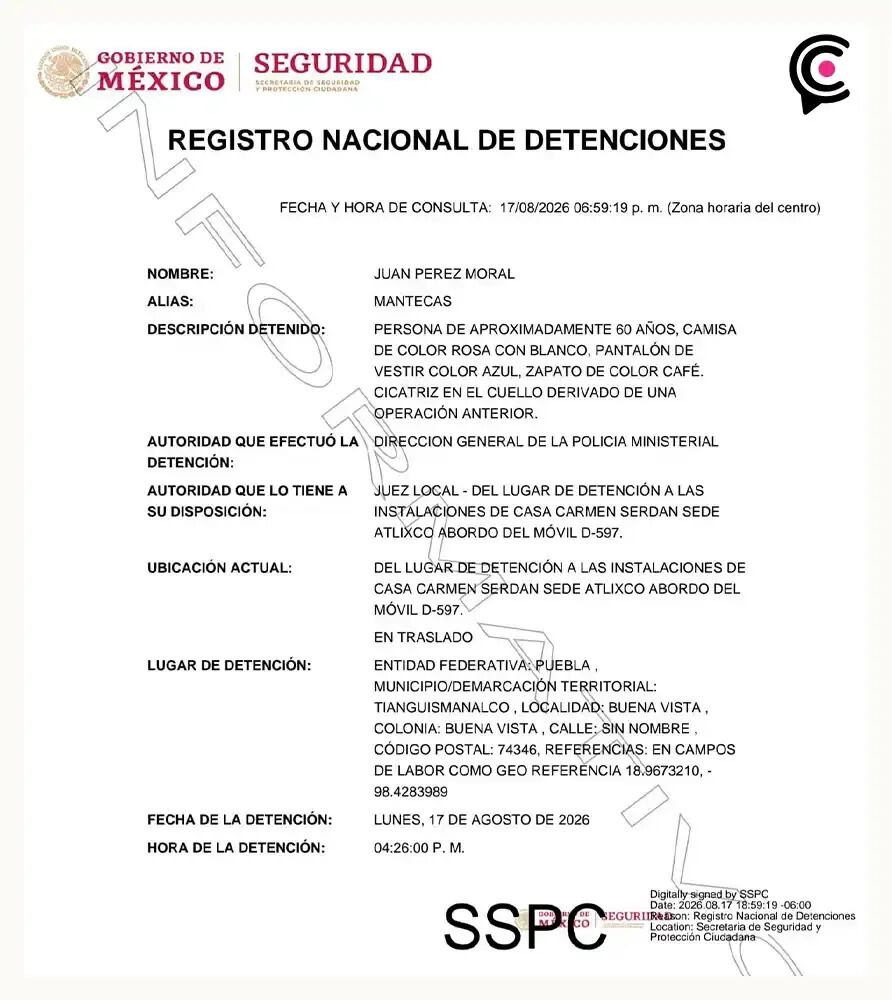 Detienen a Juan Pérez Moral, “El Mantecas”, alcalde de Tianguismanalco