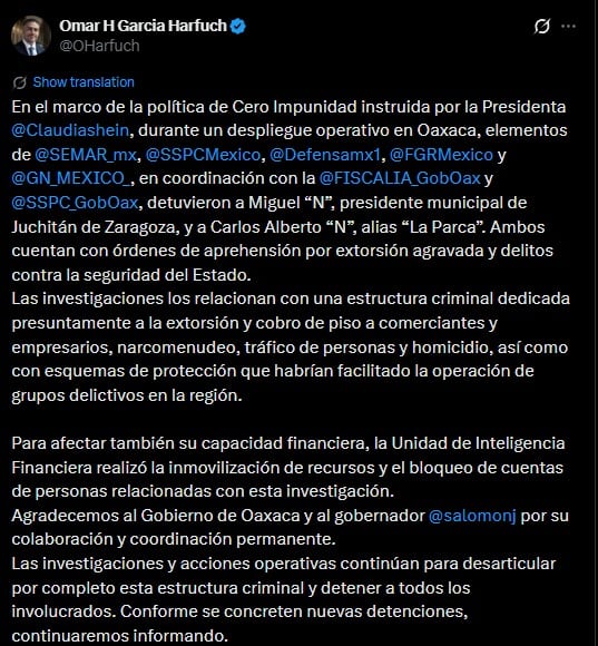 Harfuch confirma detención de Miguel Sánchez, alcalde de Juchitán, Oaxaca
