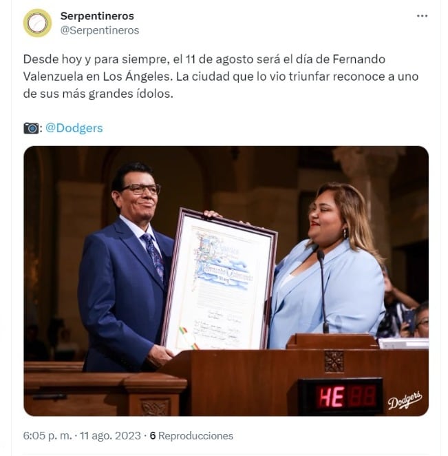 Este viernes 11 de agosto se declaró oficialmente como el "Día de Fernando Valenzuela" en la ciudad de Los Ángeles.