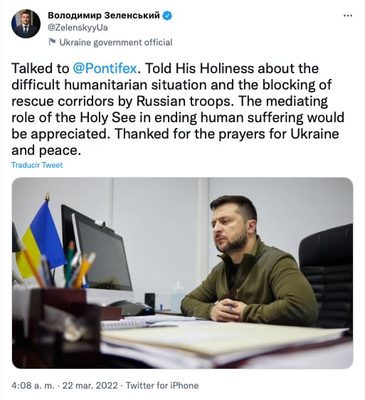 Volodímir Zelenski hable con el papa Francisco para que pueda mediar entre la guerra de Rusia y Ucrania/Twitter:@ZelenskyyUa
