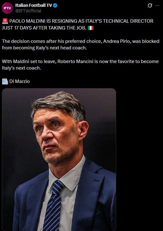 Paolo Maldini deja a Italia solo 17 días después de llegar al cargo