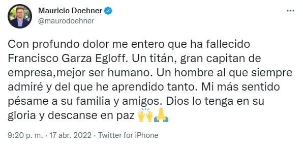 Condolencias por muerte de Francisco Garza Egloff