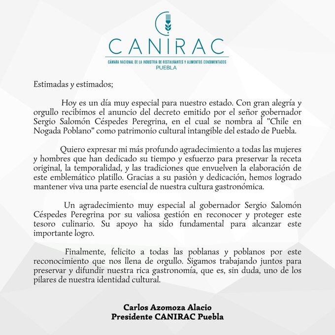 CANIRAC, Chile en nogada Patrimonio Intangible del Estado de Puebla