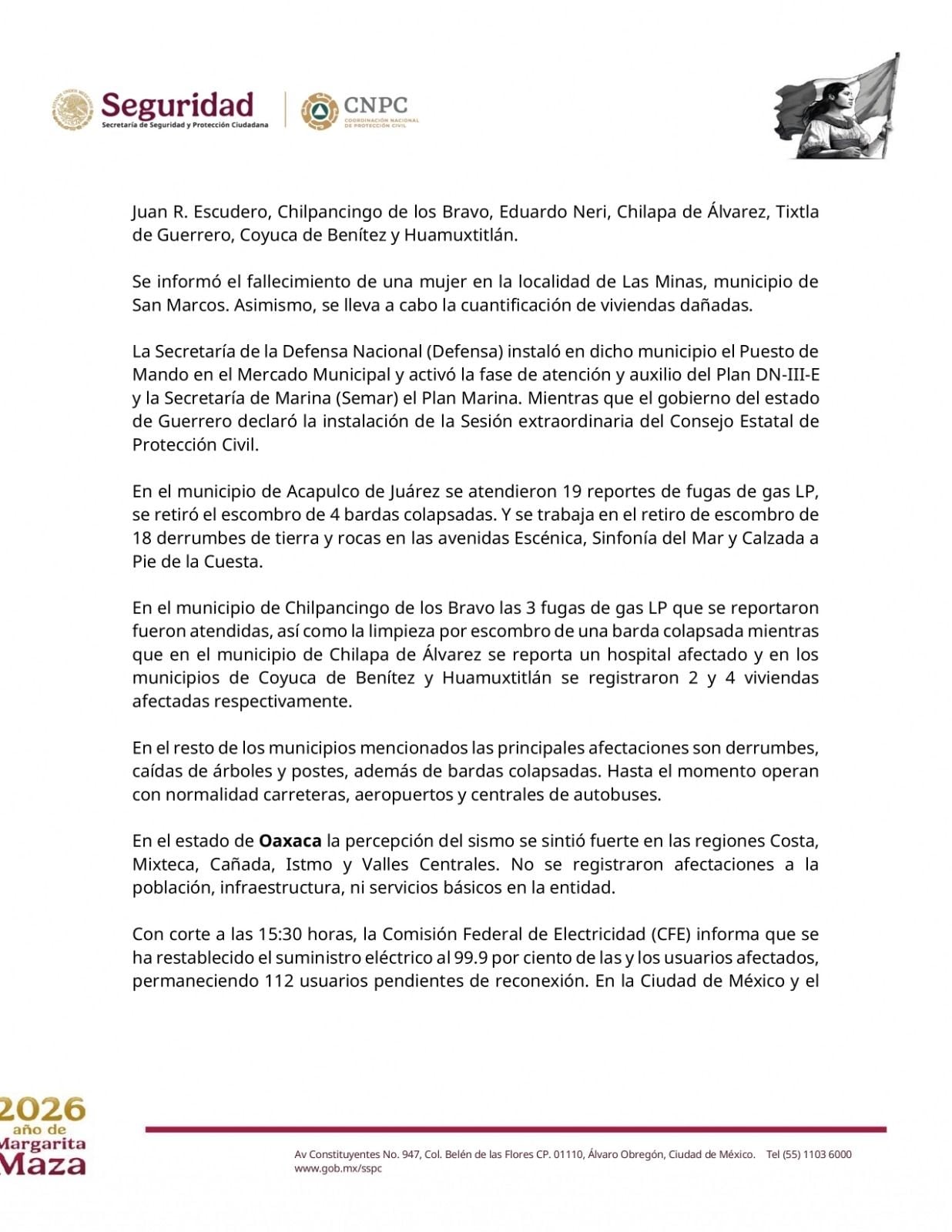 Comunicado tras sismo de hoy 2 de enero.