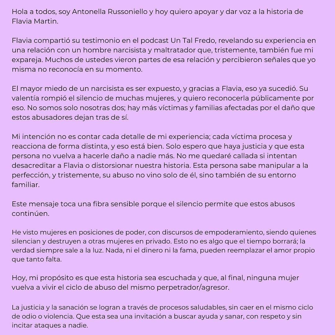 Antonella Russoniello, exnovia de Adriano Zendejas, respalda lo que Flavia Martin vivió.