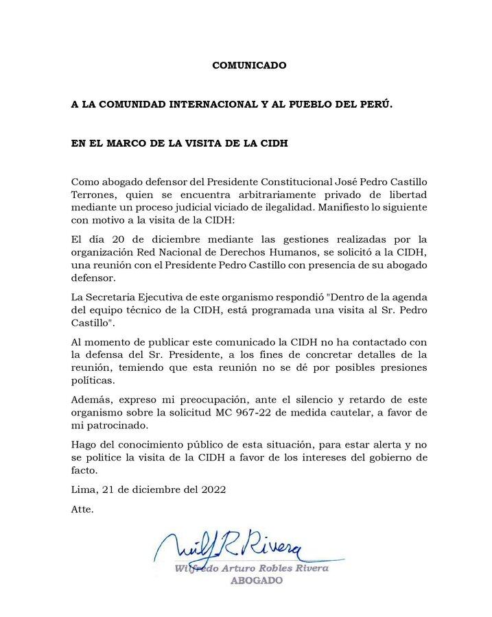 Comunicado emitido por la defensa de Pedro Castillo, el abogado Wilfredo Arturo Robles