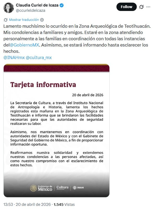 Secretaría de Cultura apoyará a familias de víctimas tras balacera en Teotihuacán