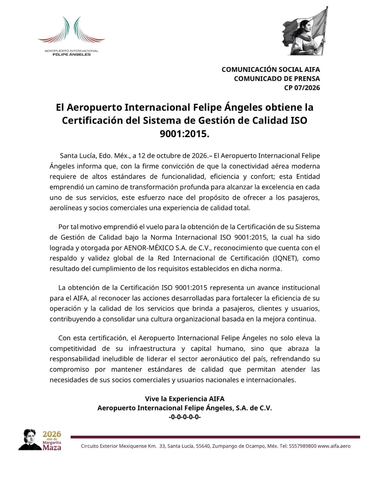 AIFA obtiene certificación ISO 9001:2015 para su sistema de gestión de calidad