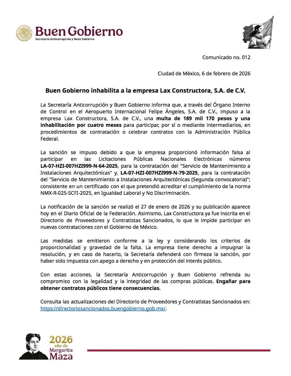 Comunicado de Buen Gobierno sobre Lax Constructora.