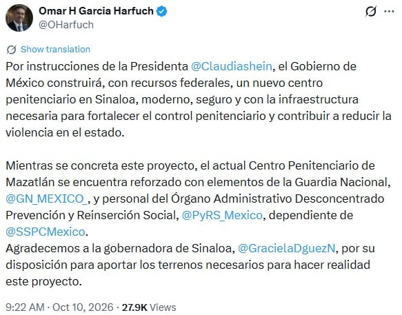 Harfuch anuncia nuevo penal en Sinaloa tras riñas en El Castillo