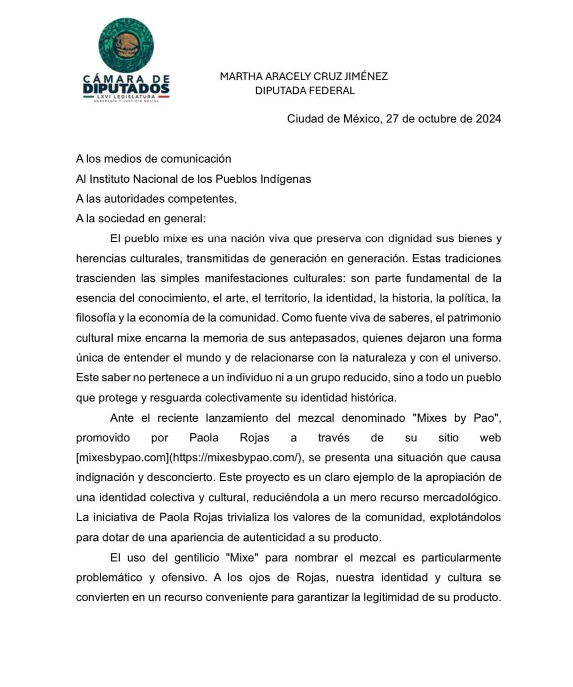 Comunicado sobre la apropiación cultural de Paola Rojas.