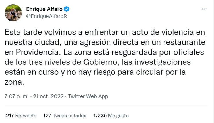 Enrique Alfaro se pronuncia tras balacera de Sonora Grill de Providencia; zona ya está resguardada