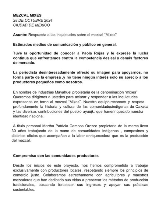 Comunicado polémica del mezcal de Paola Rojas