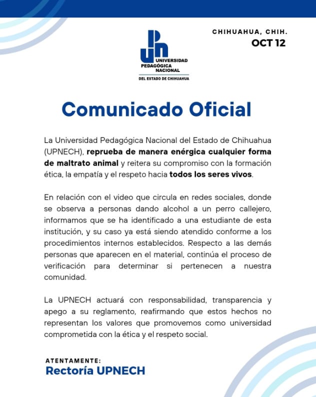 Universidad Pedagógica del Estado de Chihuahua identifica a una de las agresoras de una perrita callejera