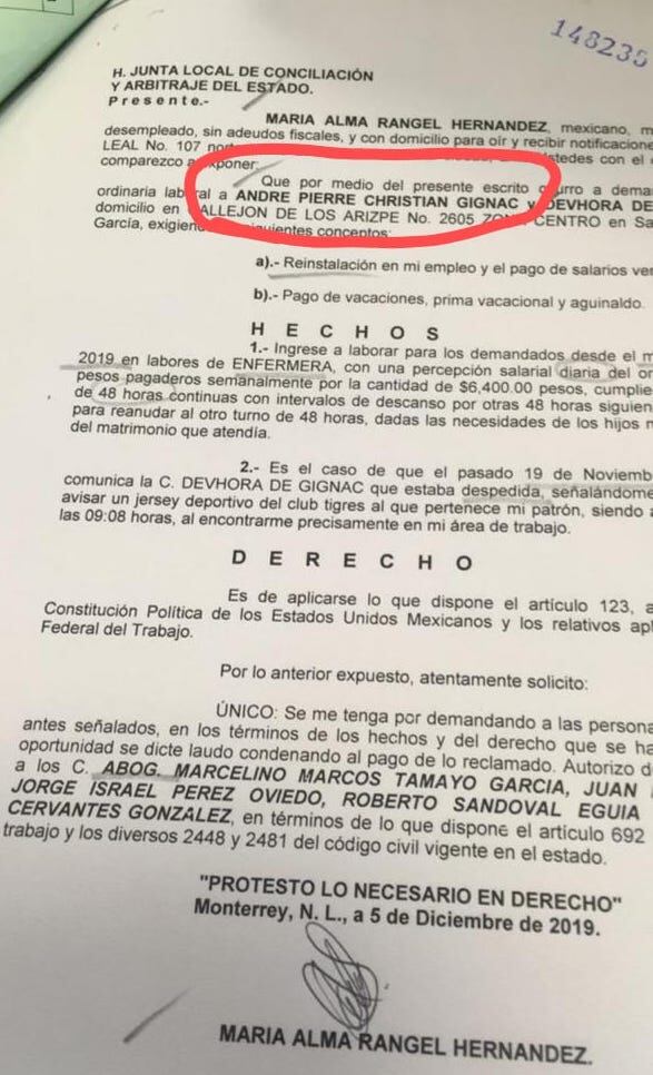 En este escrito la quejosa, la enfermera María Alma Rangel Hernández, detalla su relación laboral con la familia del jugador de Tigres.