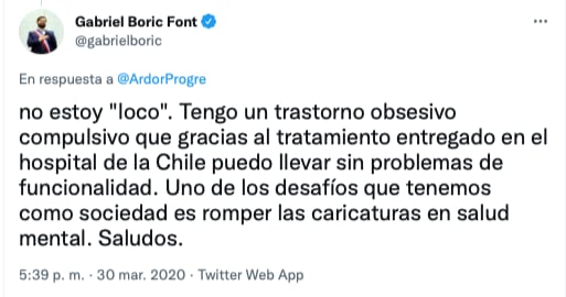 Gabriel Boric admite tener TOC
